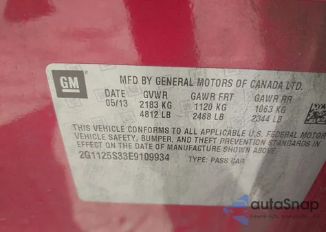 2014 Chevrolet Impala 2Lt z USA, uszkodzony, nr VIN 2G1125S33E9109934